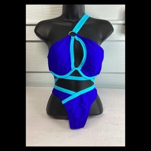 Light blue and royal blue two-piece swimsuit.